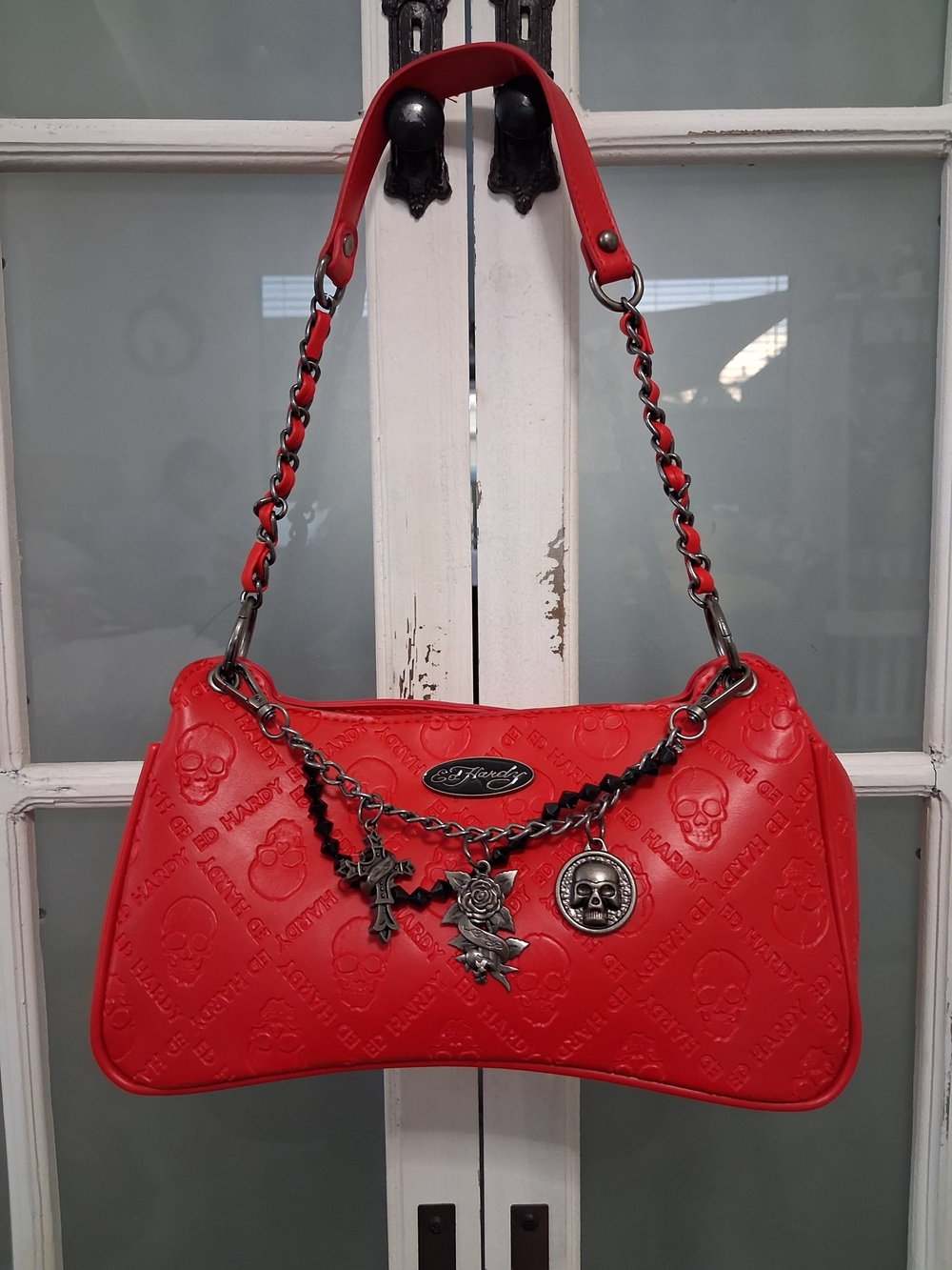 Ed Hardy Red Embossed Skull Charm Chain Shoulder Bag